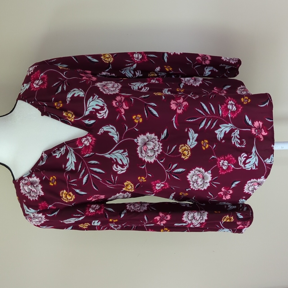 Gap Floral V Open Neck Long Sleeve Blouse S Burgundy Floral